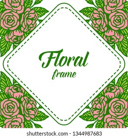 Vector illustration template or greeting card with rose pink floral frames blooms hand drawn