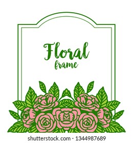 Vector illustration template or greeting card with rose pink floral frames blooms hand drawn