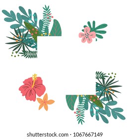 Vector illustration template of hand drawn frame with tropical leaves and flowers for cards, greeting cards, invitations, prints, posters, t-shirts design