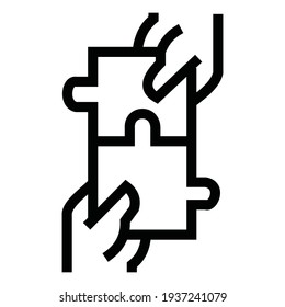 Vector illustration template of the hand icon above holding the top puzzle, and the hand below holding the bottom puzzle. black and white line drawing style. 4000 x 4000 pixel perfect.