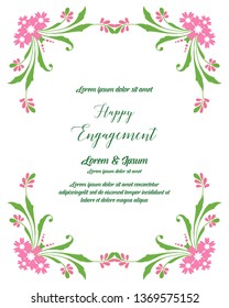 Vector illustration template of happy engagement with leaf flower frame hand drawn