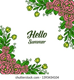 Vector illustration template hello summer for shape of pink rose wreath frame hand drawn