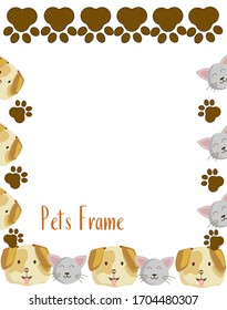 Vector illustration. A template with illustrations of pets and footprints. Frame with the faces of a puppy, cat. Template for the text.