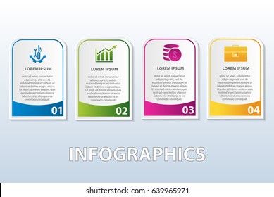 Vector illustration. Template of infographics in the form of a rectangle with rounded edges. 3d style with four steps. Used for business presentations, education, web design. Place for text and icons.