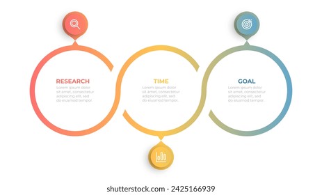 Vektor-Illustrationsvorlage für Infografiken. Zeitleistenprozesse mit 3 Optionen, Schritten. Kann für Workflow-Diagramm, Infodiagramm, Jahresbericht verwendet werden.