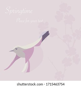 Plantilla de ilustración vectorial para una invitación o una tarjeta con un pájaro y flores de estilo japonés. Fondo rosa