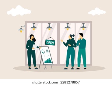 Vector illustration template for landing page, web banner, advertising. We are working again after coronavirus lockdown. Man open a shop, store, small business.