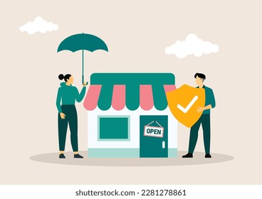 Vector illustration template for landing page, web banner, advertising. We are working again after coronavirus lockdown. Man open a shop, store, small business.