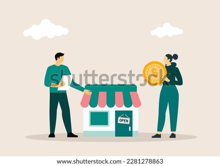 Vector illustration template for landing page, web banner, advertising. We are working again after coronavirus lockdown. Man open a shop, store, small business.