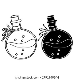 vector illustration, template, magic drink, bottle with poison, drawing in black, isolate on a white background, tattoo