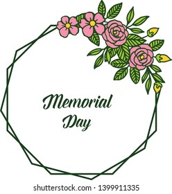 Vector illustration template of memorial day with ornate of pink rose flower frame hand drawn