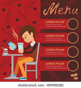 Vector illustration of template for menu, brochure, flyer for cafe or restaurant with a picture of young boy sitting at table drinking using tablet.