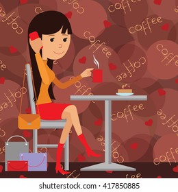 Vector illustration of template for menu, brochure, flyers for cafe or restaurant with picture of a young girl sitting at table drinking and using phone.