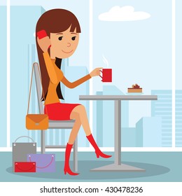 Vector illustration of template for menu, brochure, flyers with a picture of a young girl sitting at a table drinking coffee and using phone.