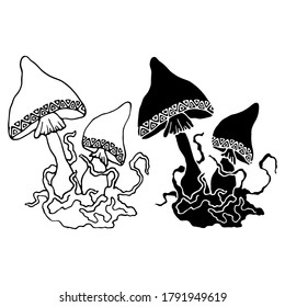 vector illustration, template, mushrooms with moss with ornament, drawing in black, isolate on a white background, tattoo