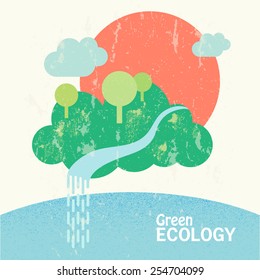 Vector illustration template on ecology theme, green floating island, square composition. EPS 10, transparency used in texture. No meshes, blends, gradients. 