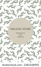 Ilustración vectorial Plantilla para la tienda orgánica cosméticos almacén Patrón de planta sin soldadura con hojas verdes sobre fondo blanco Marco redondo