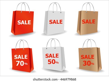 Vector illustration; Template Pack paper bags for shopping with free space for text and logo. For advertising and branding.