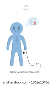 Vector illustration, template for the page about the lack of the Internet. The man with the cable, the connection was interrupted. No connection.