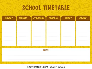 Vector Illustration Of The Template For A Personal School Schedule Of Lessons At School, School Timetable