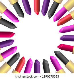 Vector illustration template with pink, red, violet, black lipstick on gold boxing. White background. Circle arrangement