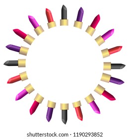 Vector illustration template with pink, red, violet, black lipstick on gold boxing. White background. Circle arrangement from the centre to the corners