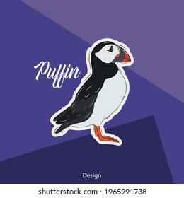 Vector illustration template for a postcard, business card, or advertising banner. Stock illustration. Tropical bird sticker on a bright background. Puffin