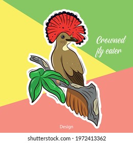 Vector illustration template for a postcard, business card, or advertising banner. Stock illustration. Tropical bird sticker on a bright background. Crowned fly eater.