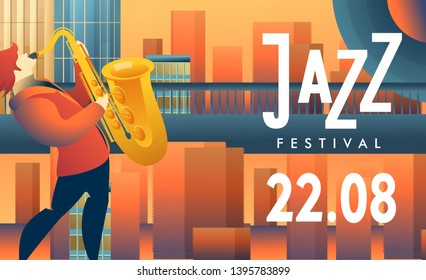Vector illustration, template for poster, cover, festival of urban jazz and blues, live music, recording in modern style on orange and blue background