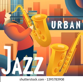 Vector illustration, template for poster, cover, festival of urban jazz and blues, live music, recording in modern style on orange and blue background