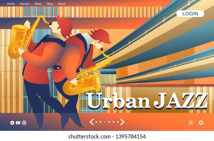 Vector illustration, template for poster, cover, festival of urban jazz and blues, live music, recording in modern style on orange and blue background