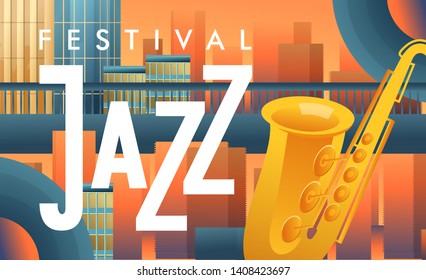 Vector illustration, template for poster, cover, festival of urban jazz and blues, live music, recording in modern style on orange and blue background