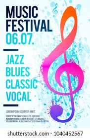 Vector illustration template poster flyer music festival event with clef illustration and texture watercolor splash effect.