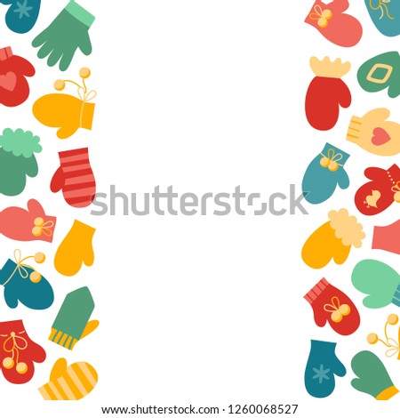 Vector illustration: template for poster, postcard, scrapbooking, greeting card with winter clothes: blue, red and yellow gloves and mittens with different ornaments. Isolated on white background