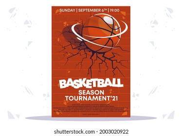 Vector illustration template, posters and flyers of a basketball tournament, a brick broken wall from the impact of a basketball ball, a crack in the wall, the season of the national basketball tournament