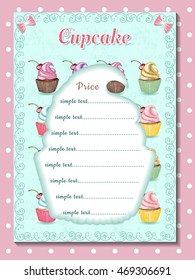 Vector illustration, template of price list for cupcake, design of desert menu