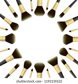 Vector illustration template with professional makeup brushes for foundation, eyeshadows, blush, highlighter, serum, cream, brows. White background. Black and gold colors of tools. Circle arrangement