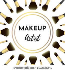 Vector illustration template with professional makeup brushes for foundation, eyeshadows, blush, highlighter, serum, cream, brows. Black and gold colors of tools. Text: Makeup artist