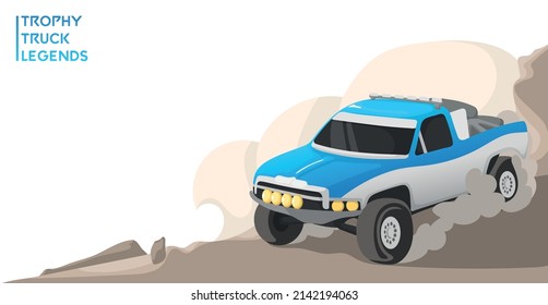 Vector illustration, template of racing pickup car, truck trophy, dakar rally legends against desert sand dunes background. 