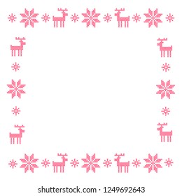 Vector illustration template with red background and white cross stitched snowflakes and reindeers. Ornamental decoration for Christmas and New Year winter holidays postcards
