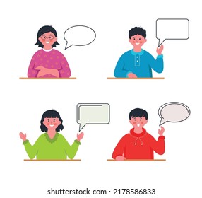 Vektorgrafik-Vorlage für Schulen, Bildungsprojekte. Kinder mit Sprachblasen und Leerraum für Text zur Darstellung von Konversation, Diskussion, Gesprächen, Fragen stellen und Antworten