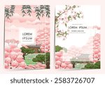 Vector Illustration Template set of Traditional Korean Architecture - Hanok with Cherry Blossoms in a Serene Spring Garden.				
