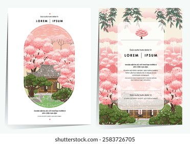 Vector Illustration Template set of Traditional Korean Architecture - Hanok with Cherry Blossoms in a Serene Spring Garden.				
