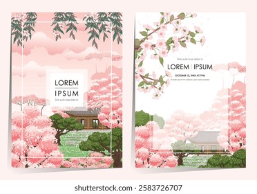 Vector Illustration Template set of Traditional Korean Architecture - Hanok with Cherry Blossoms in a Serene Spring Garden.				
