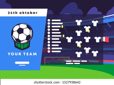 Vector illustration template of the starting line-up of a football club before a match, on the background of a football stadium