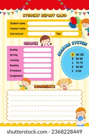 A vector illustration template for student report cards with a cute cartoon character