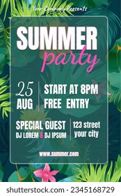 Vector illustration template for a summer-themed event announcement. This template includes pink lettering displayed on a background of tropical tree leaves.
