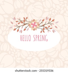 Vector illustration with template text hello spring. Creative design for wedding invitations, greeting cards, spring sales advertisement