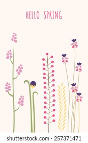 Vector illustration with template text hello spring. Creative design for wedding invitations, greeting cards, spring sales advertisement