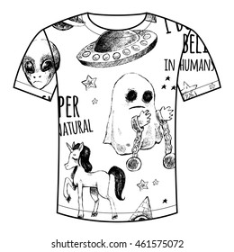 Vector illustration template T-shirt with a print pattern of the various mystical and supernatural symbol unicorn, ghost, flying saucer, alien and inscriptions. Black and white sketch.